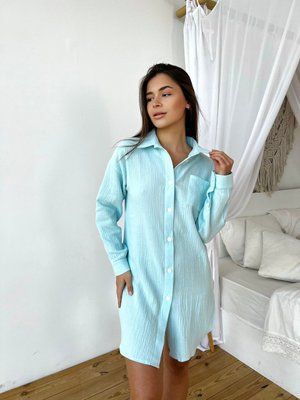 Женская нежная домашняя пляжная хлопковая рубашка удлиненная цвета аквамарин MD02с фото