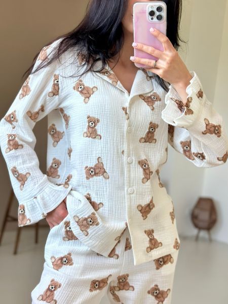 Жіноча муслінова піжама Teddy з рюшами &mdash; 100% бавовна, Україна M220/1P фото