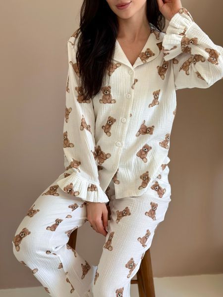 Жіноча муслінова піжама Teddy з рюшами &mdash; 100% бавовна, Україна M220/1P фото