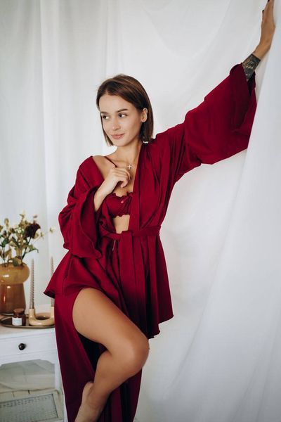 Домашній жіночий костюм &laquo;Afina&raquo; бордова піжама трійка халат топ штани з тканини трикотаж двунитка 20804х фото